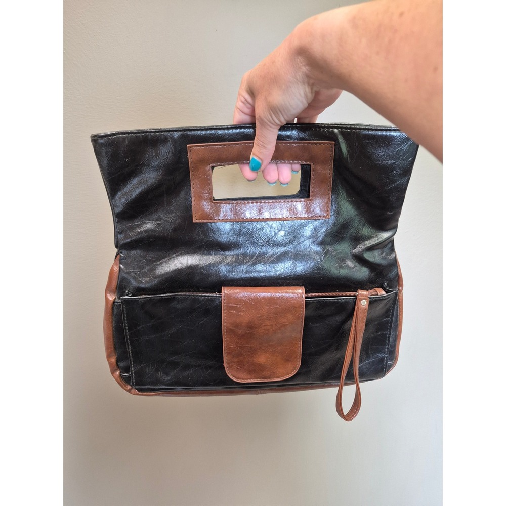 Giannini‎ Fold Over Clutch Wristlet Black Brown Faux Leather Handbag Vintage